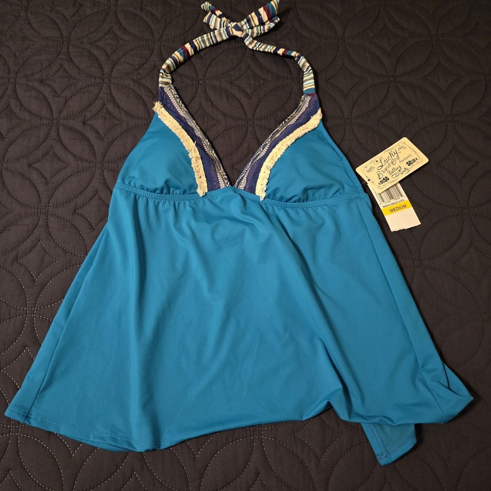 Lucky Brand NEW Tankini Top Womens Medium Blue Halter Fringe Swim Bathing Suit